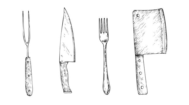 Vector Butcher set of knifes and forks. Graphic ink kitchen tool, Large sharp cleaver illustration, isolated on background. Hand drawn line sketch. For designers, prints, logo, icon, menu, postcards