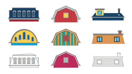 Collection of various building roof designs and architectural styles. Vector illustration set of isolated icons for real estate or construction