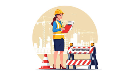 A female construction site manager in a safety helmet and vest reviews project plans on a clipboard for urban infrastructure development