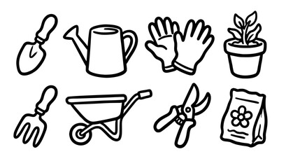 Hand-Drawn Doodle Gardening Tools Vector Illustration Set - Essential Garden Equipment Icons Collection