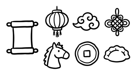 Charming Hand-Drawn Chinese Cultural Icons Doodle Vector Illustration Set for Lunar New Year