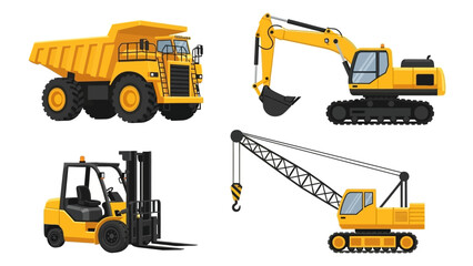 Collection of heavy yellow industrial machinery featuring a construction site excavator, mining dump truck, warehouse forklift, and lifting crane © John