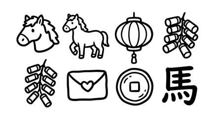Naklejka na ściany i meble Chinese New Year vector illustration icon set featuring hand drawn doodle horse and festive elements
