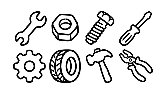 Hand-Drawn Doodle Tools Vector Illustration Set: Construction, Repair, Workshop Equipment Icons Collection.