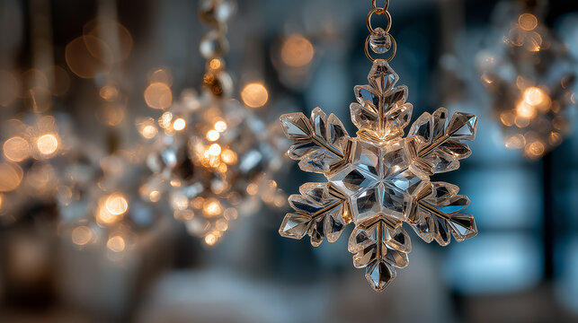 A shimmering crystal snowflake ornament glistens against a dreamy backdrop of warm bokeh lights, capturing the essence of winter elegance.