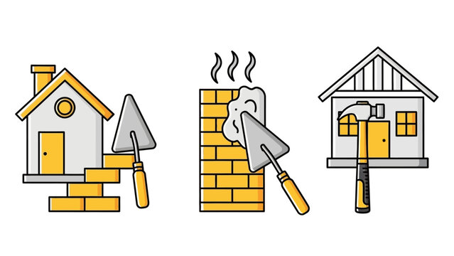 Set of linear icons for construction services, including masonry, wall finishing, and home renovation with tools like trowel and hammer