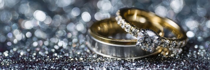Elegant Designer Wedding Rings Glimmering on a Sparkling Ceremony Background