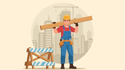 A professional construction worker in a hard hat carries a wooden plank, symbolizing urban development and building projects against a city skyline