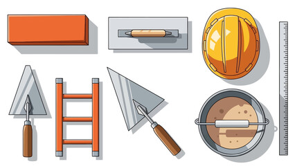 A flat lay collection of essential builder and masonry tools illustrated in a clean vector style for construction projects