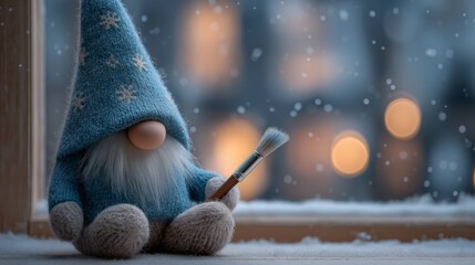 A whimsical gnome in a cozy blue hat sits by a snowy window, holding a paintbrush. Soft, warm bokeh lights add a magical winter charm.