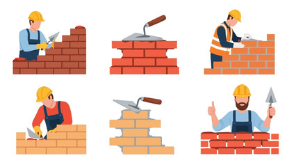Collection of vector illustrations showing professional bricklayers at work. Cartoon construction workers and masons building brick walls with mortar and trowels