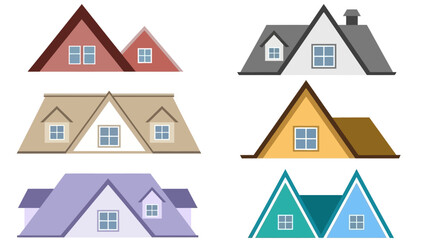 A collection of various house roof designs with attic windows, vector illustration set for architectural concepts 2026