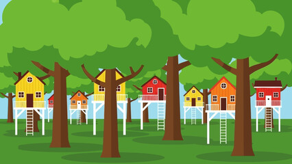 A whimsical village of colorful stilt treehouses nestled in a lush green forest canopy, representing a playful community lifestyle