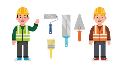 Builder and handyman character set with professional equipment for painting and plastering work. Isolated vector graphic