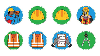 A diverse set of flat design icons for civil engineering, land surveying, and construction industry safety protocols