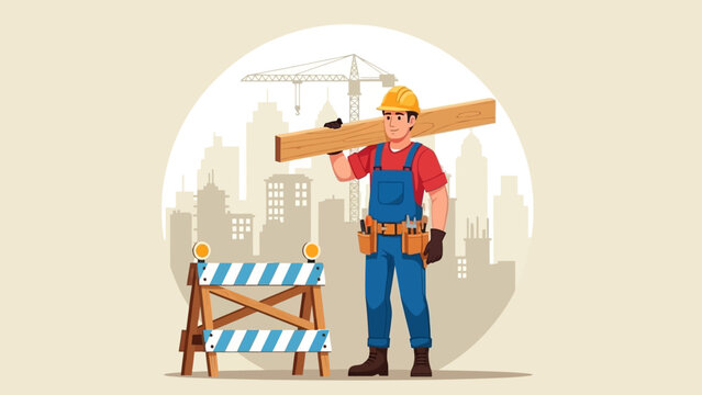 Skilled construction worker and carpenter in a safety helmet carrying lumber on a development site, with a city skyline representing future urban projects