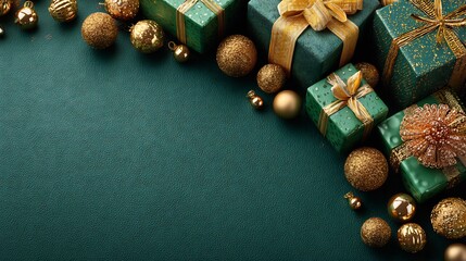 Overhead Shot of Green and Gold Christmas Presents and Baubles on Dark Green Background with Copy Space for Holiday Greetings