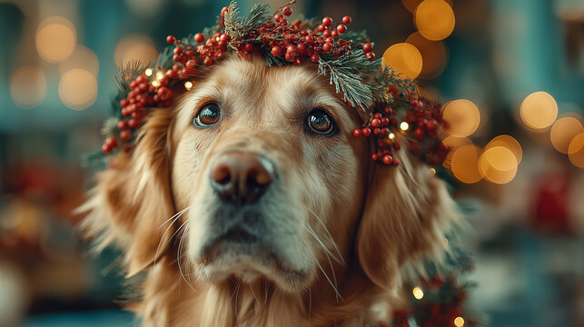 A golden retriever adorned with a festive wreath of berries and greenery, captured with soft lighting and warm bokeh, radiating holiday cheer.