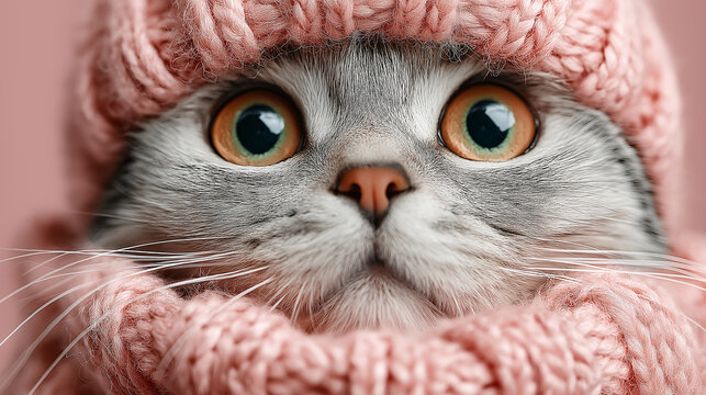 A cute cat with striking green and orange eyes peeks out from a cozy pink knitted scarf, showcasing its adorable charm against a soft background.
