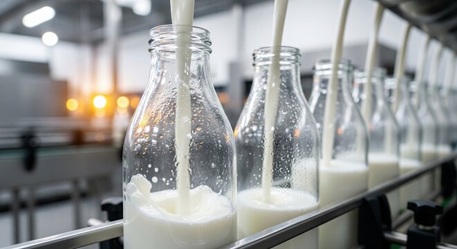  Moderne Lebensmittelherstellung: Automatisierte Abf&uuml;llung von frischer Milch in sterile Glasbeh&auml;lter auf dem F&ouml;rderband einer Molkerei.
