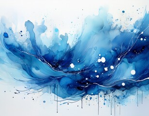 horizontal blue watercolor splash with vibrant textured brushstrokes and scattered droplets on a white background abstract art for design and print