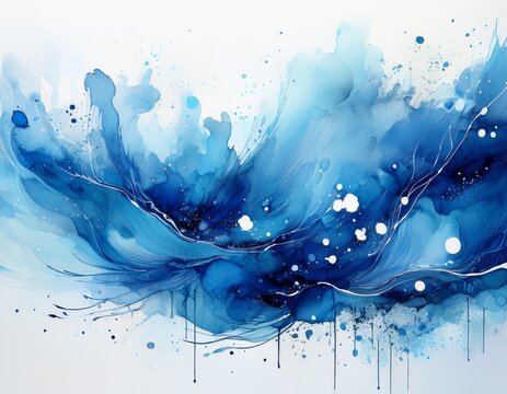 horizontal blue watercolor splash with vibrant textured brushstrokes and scattered droplets on a white background abstract art for design and print