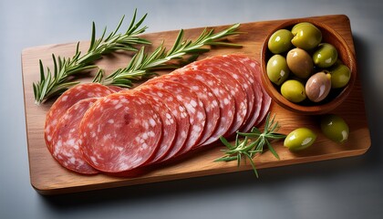 sliced salami arranged on a wooden board garnished with green olives and rosemary sprigs highlighting its marbled texture