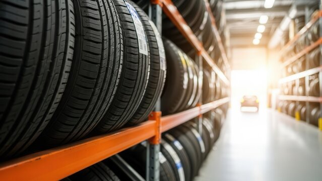 New automotive tires are professionally stocked on shelves in a large, modern vehicle service center warehouse. - Powered by Adobe
