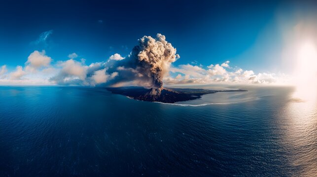 Volcanic eruption explodes over ocean a dramatic awe inspiring nature landscape stock photo