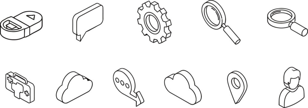 Isometric line art icons set of various objects