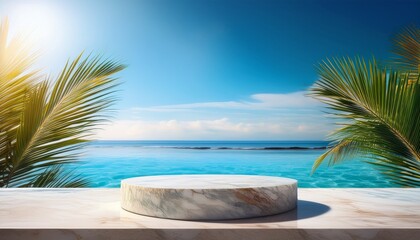 Fototapeta premium tropical marble pedestal product display rocky palm tree sunny sky background ocean poolside beach showcase copy space