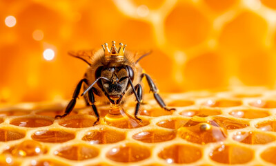 A beautiful queen bee in a golden crown sits on a honeycomb filled with fresh amber honey.