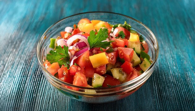 fresh colorful vegetable salsa in glass bowl ideal for summer dishes and healthy recipes