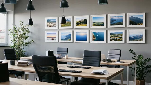 Modern Office Workspace with Scenic Artwork and Natural Light