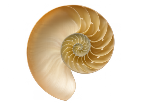 Nautilus shell cross-section revealing natural spiral geometry and fibonacci sequence on transparent background