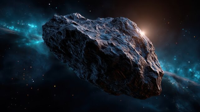 Large rocky asteroid drifting in outer space surrounded by glowing stars and cosmic nebula, symbolizing deep space exploration.