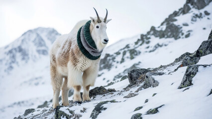 Mountain goat wearing a green and grey knitted scarf on a snowy mountain, concept of winter fashion and wildlife.