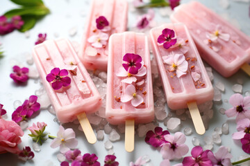 Pink floral popsicles on crushed ice - creamy frozen desserts styled with edible flowers for summer food photography