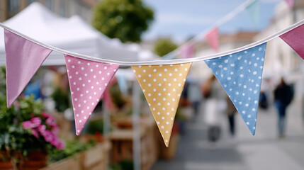 Vibrant bunting flags swaying in the breeze at outdoor marketplace