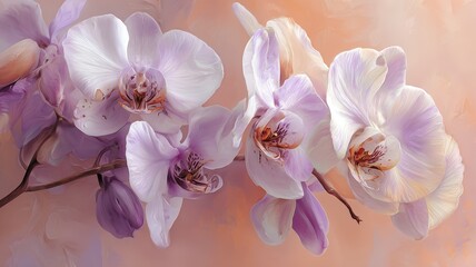 Fototapeta premium Elegant Orchids Pastel Violet White Tones Floating Soft Background Delicate Floral Art Design