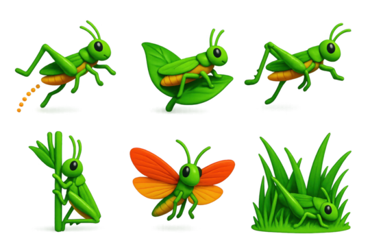 Series of green insects, including a grasshopper, a butterfly, and a dragonfly