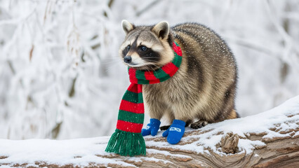 Raccoon wearing a colorful striped scarf and blue mittens stands on a snow-covered log in a winter wonderland scene for Christmas or holiday season.