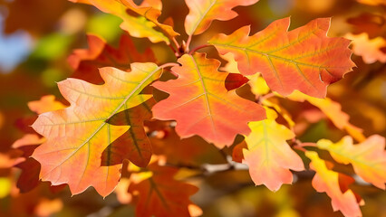 Fototapeta premium Vibrant autumn oak leaves in a close-up, showcasing brilliant hues of red and orange. This captivating display perfectly captures the essence of the changing season and natural beauty