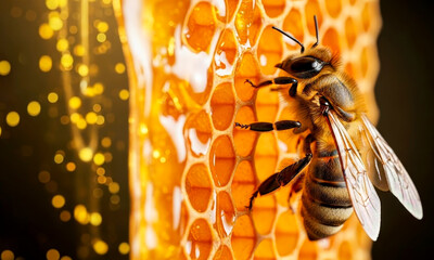 A close-up of a beautiful queen bee sitting on a honeycomb, eager to feast on fresh amber honey.