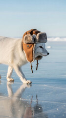 White arctic fox wearing a faux fur trapper hat, walking on vast frozen ice with clear blue sky. Winter animal portrait.