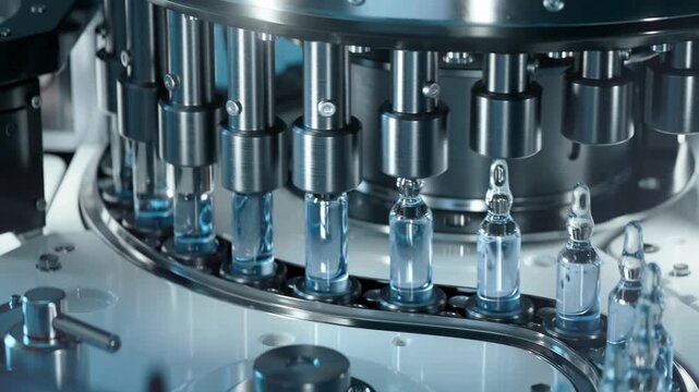 See modern pharmaceutical automation in action, with vials being filled on a high-speed production line, showing cutting-edge technology and precision manufacturing