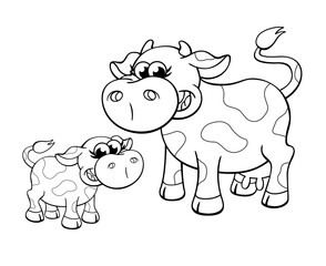 Cute smiling cartoon farm cow and calf for coloring in book image vector isolated on transparent background