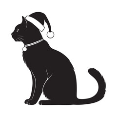 Christmas Cat Silhouette, Festive Kitty with Santa Hat, Cute Holiday Pet Illustration, Winter Season Art