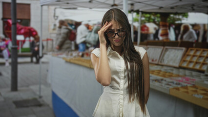Fototapeta premium Teenage girl with long hair and glasses pressing her forehead with one hand at a street market stall displaying jewelry trays and tents; frustration.