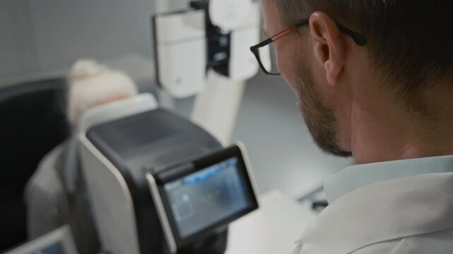 Over shoulder shot of male doctor as ophthalmologist monitoring eye exam on diagnostic machine screen with unrecognizable senior patient in blurred background, copy space